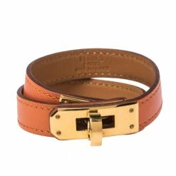 Hermes Kelly Orange Leather Double Tour Wrap Bracelet M For Women