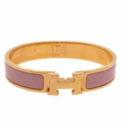 Hermes Clic H Rose Dragee Enamel Gold Plated Narrow Bracelet PM For Women