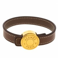 Hermes Brown Leather Looping Gold Plated Bracelet M For Women
