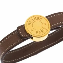 Hermes Brown Leather Looping Gold Plated Bracelet M For Women -Deals Hermes Store luxury women hermes used accessories p325905 005