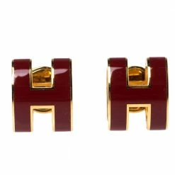 Hermes Pop H Red Lacquered Gold Plated Stud Earrings For Women