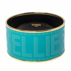 Hermes Bleu Maldives Enamel Extra Wide Sellier Bangle Bracelet For Women