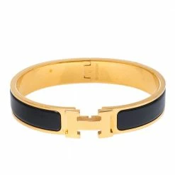 Hermes Clic H Black Enamel Gold Plated Narrow Bracelet GM For Women