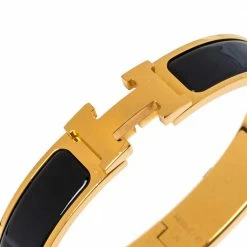 Hermes Clic H Black Enamel Gold Plated Narrow Bracelet GM For Women -Deals Hermes Store luxury women hermes used accessories p328902 007