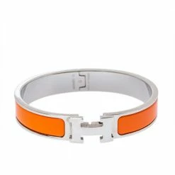 Hermes Clic H Orange Enamel Palladium Plated Narrow Bracelet GM For Women