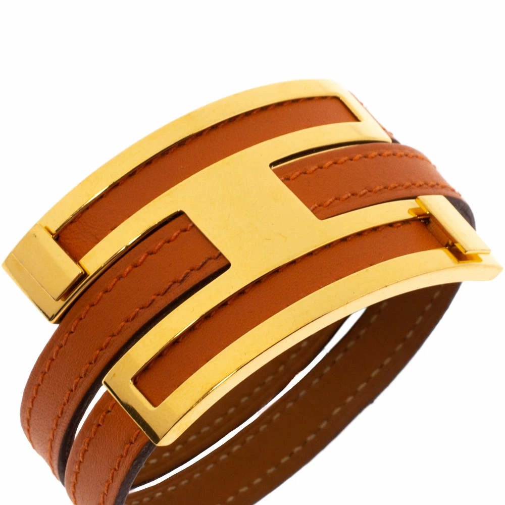 Hermes Pousse Pousse Orange Leather Gold Plated Adjustable H Bracelet For Women 5 Hermes Pousse Pousse Orange Leather Gold Plated Adjustable H Bracelet For Women - Image 3