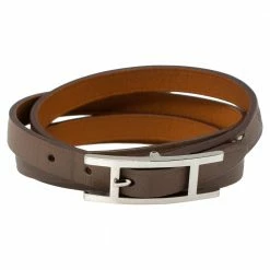 Hermes Hermès Taupe Leather Hapi Quad Tour Wrap Bracelet M For Women