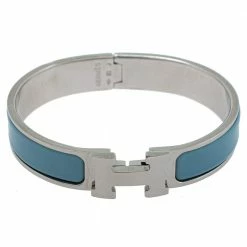 Hermes Hermès Clic H Blue Enamel Palladium Plated Narrow Bracelet PM For Women