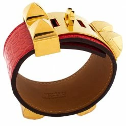 Hermes Hermès Collier De Chien Red Alligator Leather Gold Plated Cuff Bracelet S For Women -Deals Hermes Store luxury women hermes used accessories p339320 004