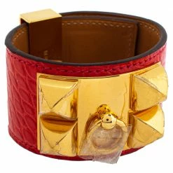 Hermes Hermès Collier De Chien Red Alligator Leather Gold Plated Cuff Bracelet S For Women