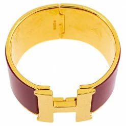 Hermes Hermès Clic Clac H Red Enamel Gold Plated Extra Wide Bracelet For Women -Deals Hermes Store luxury women hermes used accessories p339352 001
