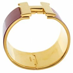 Hermes Hermès Clic Clac H Red Enamel Gold Plated Extra Wide Bracelet For Women -Deals Hermes Store luxury women hermes used accessories p339352 002