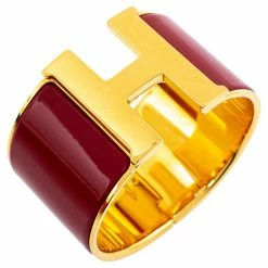 Hermes Hermès Clic Clac H Red Enamel Gold Plated Extra Wide Bracelet For Women -Deals Hermes Store luxury women hermes used accessories p339352 004