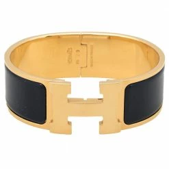 Hermes Clic Clac H Blue Enamel Gold Plated Bracelet PM For Women