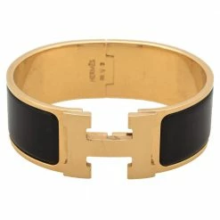 Hermes Clic Clac H Black Enamel Gold Plated Bracelet PM For Women