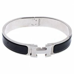 Hermes Hermès Clic H Black Enamel Palladium Plated Narrow Bracelet GM For Women