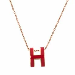 Hermes Hermès Pop H Rouge Corail Lacquered Rose Gold Plated Pendant Necklace For Women