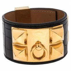 Hermes Hermès Black Alligator Leather Collier De Chien Cuff Bracelet S For Women