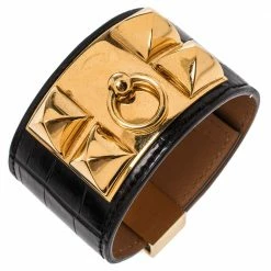 Hermes Hermès Black Alligator Leather Collier De Chien Cuff Bracelet S For Women -Deals Hermes Store luxury women hermes used accessories p348729 005