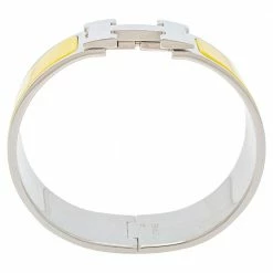 Hermes Hermès Clic Clac H Yellow Enamel Palladium Plated Wide Bracelet PM For Women -Deals Hermes Store luxury women hermes used accessories p349119 007