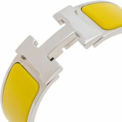 Hermes Hermès Clic Clac H Yellow Enamel Palladium Plated Wide Bracelet PM For Women -Deals Hermes Store luxury women hermes used accessories p349119 008