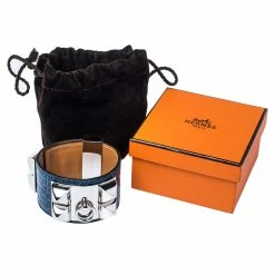 Hermes Hermès Blue Alligator Leather Collier De Chien Cuff Bracelet S For Women -Deals Hermes Store luxury women hermes used accessories p349130 001