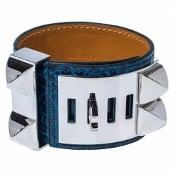 Hermes Hermès Blue Alligator Leather Collier De Chien Cuff Bracelet S For Women -Deals Hermes Store luxury women hermes used accessories p349130 008