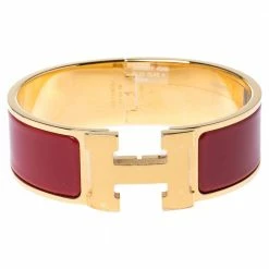 Hermes Clic Clac H Rouge Enamel Gold Plated Wide Bracelet GM For Women