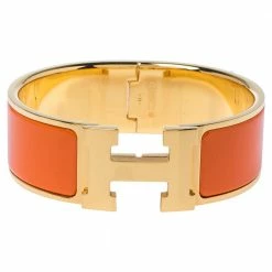 Hermes Clic Clac H Orange Enamel Gold Plated Wide Bracelet PM For Women