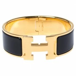 Hermes Clic Clac H Black Enamel Gold Plated Wide Bracelet PM For Women