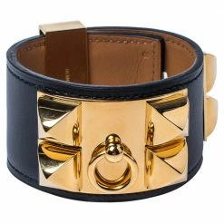 Hermes Hermès Black Leather Collier De Chien Cuff Bracelet S For Women