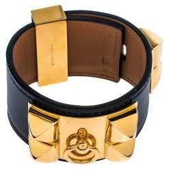 Hermes Hermès Black Leather Collier De Chien Cuff Bracelet S For Women -Deals Hermes Store luxury women hermes used accessories p350340 003