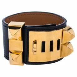 Hermes Hermès Black Leather Collier De Chien Cuff Bracelet S For Women -Deals Hermes Store luxury women hermes used accessories p350340 008