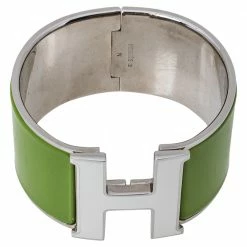 Hermes Hermès Clic Clac H Vert Anis White Enamel Palladium Plated Extra Wide Bracelet PM For Women -Deals Hermes Store luxury women hermes used accessories p350345 002