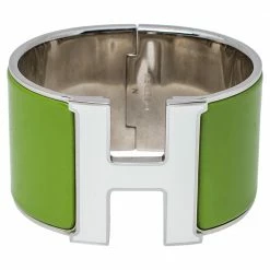 Hermes Hermès Clic Clac H Vert Anis White Enamel Palladium Plated Extra Wide Bracelet PM For Women