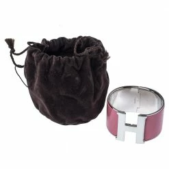 Hermes Hermès Clic Clac H White & Rose Velours Enamel Palladium Plated Extra Wide Bracelet PM For Women -Deals Hermes Store luxury women hermes used accessories p350348 001