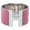 Hermes Hermès Clic Clac H White & Rose Velours Enamel Palladium Plated Extra Wide Bracelet PM For Women -Deals Hermes Store luxury women hermes used accessories p350348 003