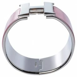 Hermes Hermès Clic Clac H White & Rose Velours Enamel Palladium Plated Extra Wide Bracelet PM For Women -Deals Hermes Store luxury women hermes used accessories p350348 005