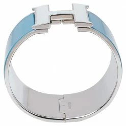 Hermes Hermès Clic Clac H Blue & White Enamel Palladium Plated Extra Wide Bracelet PM For Women -Deals Hermes Store luxury women hermes used accessories p350350 003