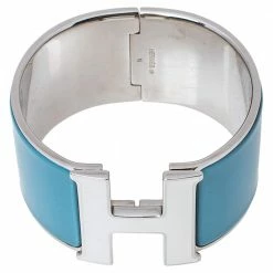 Hermes Hermès Clic Clac H Blue & White Enamel Palladium Plated Extra Wide Bracelet PM For Women -Deals Hermes Store luxury women hermes used accessories p350350 007