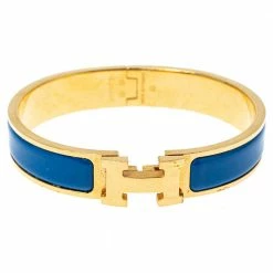 Hermes Clic H Blue Enamel Gold Plated Narrow Bracelet GM For Women