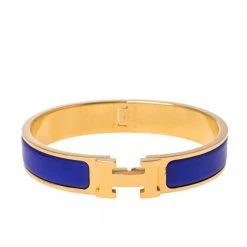 Hermes Hermès Clic H Blue Enamel Gold Plated Narrow Bracelet PM For Women