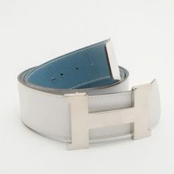 Hermes Blue & White Leather Silver Tone 'H' Buckle Belt For Women