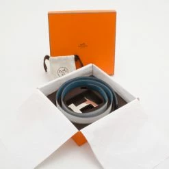 Hermes Blue & White Leather Silver Tone 'H' Buckle Belt For Women -Deals Hermes Store luxury women hermes used accessories p35483 005