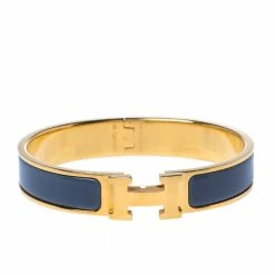 Hermes Clic H Grey Enamel Gold Plated Narrow Bracelet GM For Women