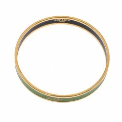 Hermes Hermès Calèche Green Enamel Gold Plated Narrow Bangle Bracelet For Women -Deals Hermes Store luxury women hermes used accessories p356281 001