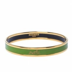 Hermes Hermès Calèche Green Enamel Gold Plated Narrow Bangle Bracelet For Women