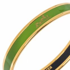 Hermes Hermès Calèche Green Enamel Gold Plated Narrow Bangle Bracelet For Women -Deals Hermes Store luxury women hermes used accessories p356281 006