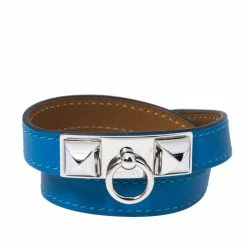 Hermes Rivale Blue Leather Palladium Plated Double Tour Bracelet XS For Women