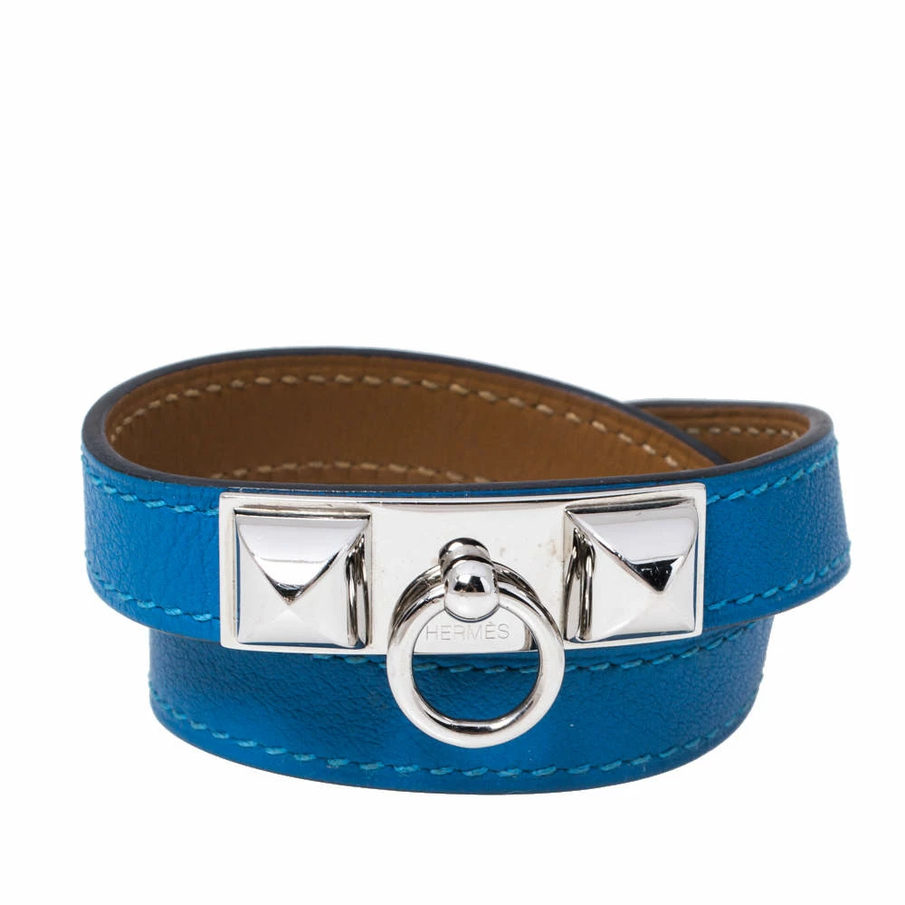 Hermes Rivale Blue Leather Palladium Plated Double Tour Bracelet XS For Women 3 Hermes Rivale Blue Leather Palladium Plated Double Tour Bracelet XS For Women